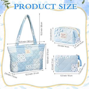 Borsa tote trapuntata floreale di grande capacità, borsa patchwork da donna con tasca con cerniera, borsa leggera per università, shopping e scuola - Product Image 2