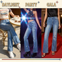 Jean en denim déchiré taille haute micro-évasé Y2K scintillant avec cristaux, coupe ample respirante, jambe large, longueur genou, style fête mignon pour femme