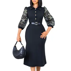 New Single-Breasted Color Blocking Printed Sleeve Elegant Fishtail Skirt Bodysuit Midi Dresses for Women