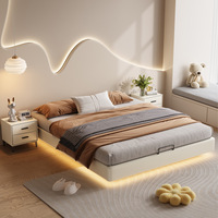Lit double flottant de luxe au design minimaliste avec cadre en bois, suspendu, en cuir véritable, pour chambre à coucher, taille standard, pour adultes.