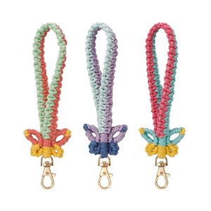 Boho Wristlet butterfly Keychain Handmade Woven Rope KeyRing Bracelet Wrist Lanyard Keychain Cute Thread Weave Macrame Key Chain