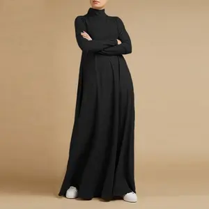 Plus Size Autumn Solid Color Turtleneck Casual Elegant Party Long Maxi Dress High Collar Long Sleeve Muslim Turkish Abaya Dress