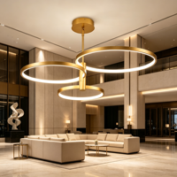 Lustre LED Moderne Doré à 3 Anneaux, Suspension Triple Cercle, Intensité Réglable, Hauteur Ajustable, Angle de Faisceau 360° pour