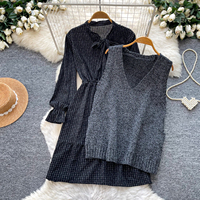 Ensemble 2 pièces pour femme automne : Gilet pull col en V et robe plissée à carreaux à manches longues avec nœud et poignets à volants