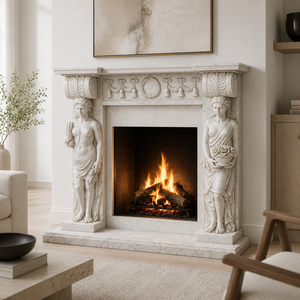 Traditional Marble Fireplace Mantel With Ornate Carving White Marble Stone Indoor Wood Burning Hearth For Dining Room - Product Image 1