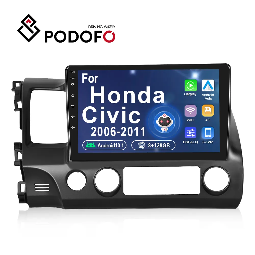 Podofo 10.1" WIFI+4G Android 10.0 AI Voice Car Radio 8 Core 8+128GB Car Carplay Android Auto GPS DSP ADI/HI-Res FM/RDS For Honda