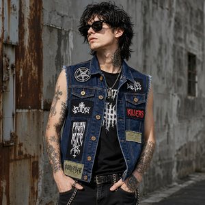 Gilet in Denim OEM/ODM per <span class=keywords><strong>Uomo</strong></span>, <span class=keywords><strong>Blu</strong></span> Scuro Senza Maniche con Patchwork e Graffiti, Produzione all'Ingrosso, Basso MOQ, Spedizione Rapida - Product Image 1