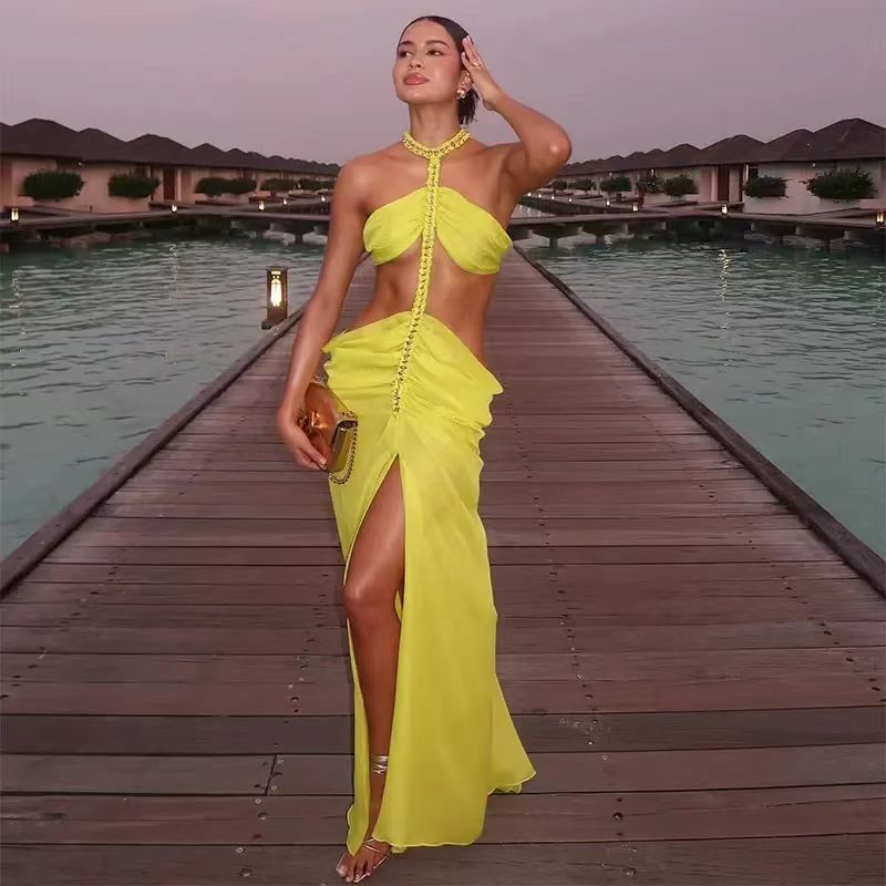 neon yellow long dress Amber Glow Yellow Long Sleeve Maxi Dress - US 10