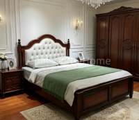 Massivholz-Bettgestell in King- und Queen-Size, Vintage-Design mit Geschwungenen Schnitzereien und Gepolstertem Kopfteil, Traditionelles Amerikanisches Farmhaus-Schlafzimmer
