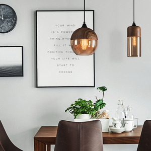 Industrial Style Pendant Light Wood Grain Glass Globe <b>E26</b> <b>Bulb</b> Single Head Chandelier For Restaurant Bar Hotel Decor - Product Image 3