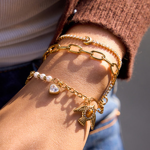 Fashion Charm <b>Bracelet</b> Gold Tone Star Bird Pendant Pearl Heart <b>Crystal</b> Jewelry for Women Gift - Product Image 2