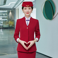 Ensemble de veste, chemise et jupe sur mesure de couleur bleu, rouge et noir classiques pour l'équipage de cabine de compagnie aérienne, hôtesse de l'air, uniforme de stewardess