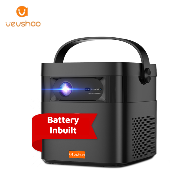 VEVSHAO Rechargeable V50 Auto Focus Mini Portable Projector with Built-In 2G RAM 4K Ready 400 Lumens Lifting Handle