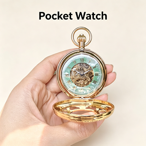 Wholesale <b>Automatic</b> Gold <b>Skeleton</b> Mechanical Pocket <b>Watch</b> Hollowed Out Carving Cover Roman Numeral with Chain - Product Image 2