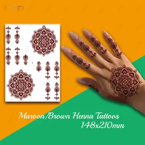 Venta al por mayor de transferencia de agua desechable marrón impermeable encaje Henna Oriente Medio tatuaje pegatina sexo Henna tatuaje para hombres y mujeres