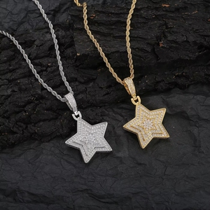 Messing Micro Pave Zirkon Herren und Damen Fünf-Sterne-Anhänger mit 60cm Seilkette Hip-Hop Charm Halskette - Product Image 1
