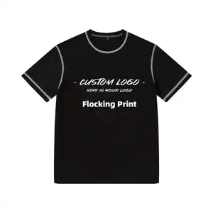 Cut And Sew Reverse Weave stitching Flocking Printed t shirt Contrast Stitched Men Tee Shirt with Three needles and five threads