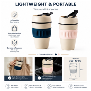 Mug à café isotherme en céramique avec couvercle et paille, capacité 301-400 ml, écologique, portable, cadeau d'affaires - Product Image 3