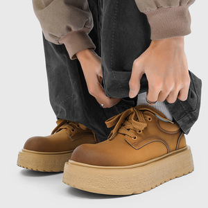 Chaussures Chunky Empire pour Hommes, Bout Rond, Lacets, Rehaussantes, Style Rétro Workwear, Toutes Saisons, Couleur Unie, Doublure PU, Semelle Caoutchouc - Product Image 2