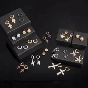 Baru Hip Hop Perhiasan Cross Drop Hoop Anting Pria Wanita Bling Kuningan Gun Menjuntai Anting Ice Out CZ Cubic Zircon Stud Earrings