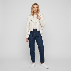 Chaqueta de cuero blanca impecable con cinturón para mujer, estilo biker, con cremallera frontal asimétrica, cuello de solapa, manga larga, chaquetas de cuero blancas modernas - Product Image 3