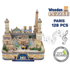 Kit de construction de boîte à musique DIY sur le thème de l'architecture parisienne célèbre, ornement pour la maison, cadeau éducatif fait main pour enfants, 128 pièces, jouets en bois 3D - Product Image 3