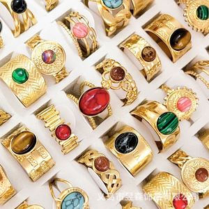 Vintage Style French Natural Stone Stainless Steel <b>Ring</b> 18k Gold Plated <b>Ring</b> Cz Zircon Mix Bulk Gemstone Opening <b>Adjustable</b> <b>Ring</b> - Product Image 6