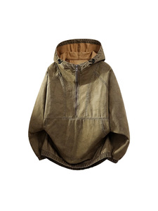 Customizable Logo New <strong>Half</strong> Zipper Hooded Coat Men's Spring Autumn Fashion Wash Old American Casual Overalls <strong>Jacket</strong> OEM Brand - Product Image 1