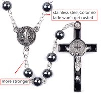 Chapelet en hématite, perles en pierre naturelle, médailles de Saint Benoît, chapelet noir pour hommes, acier inoxydable, chapelets catholiques
