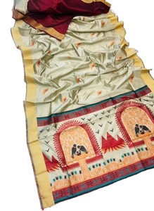 Sari de Seda Tejido a Mano para Mujer, Estilo Tradicional con Rico Borde Dorado Palau Dari, Blusa Lisa en Contraste, Venta al por Mayor - Product Image 2