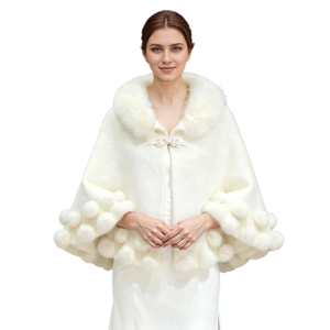 Châle élégant pour femme avec pompons, col en fausse fourrure de vison et broche en perles, idéal pour mariée ou invitée de mariage - Product Image 1