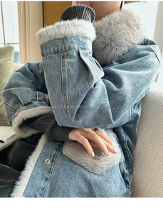 Tissu en satin extensible noir soufre TC, imitation denim, laminé avec du <span class=keywords><strong>polaire</strong></span> Sherpa, super doux, peluche courte, pour veste d'hiver thermique d'extérieur - Product Image 2