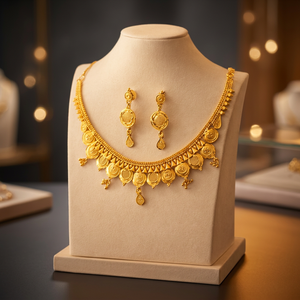 Parure de bijoux plaqué or massif pour femme, collier et boucles d'oreilles tendance classiques avec perles florales, bijou de collection culturel pour mariage - Product Image 2