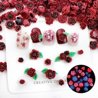 Kit d'accessoires de nail art de luxe rétro, embellissements de roses bourgeonnettes rouge bordeaux, fleurs en résine à dégradé lumineux, pré-conçues