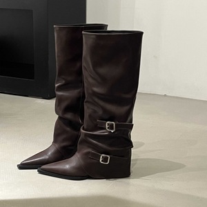 Custom Logo Winter Boots Pointed Toe Denim Design Chunky Heel Women <b>Knee</b> <b>High</b> Denim Boot - Product Image 5