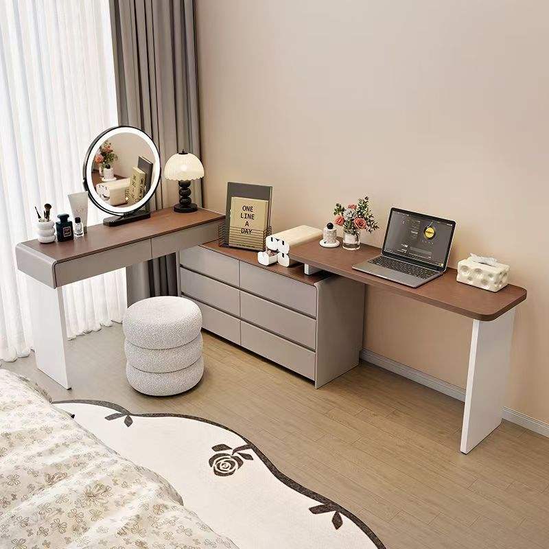Khaki Grey - 6-Drawer Chest with Round Mirror Stool