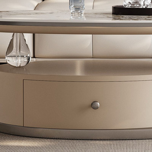 <span class=keywords><strong>Set</strong></span> di <span class=keywords><strong>Tavolini</strong></span> Moderni Ovali in Pietra con Base Astratta in Acciaio Inox Grigio, Piano Beige e Cassetto - Product Image 3