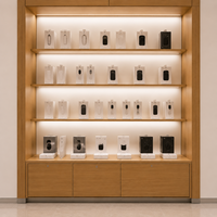 Wandmontierte Handy-Vitrine mit LED-Beleuchtung für Mobiltelefon-Zubehör, Holzregal für Einzelhandelsgeschäfte