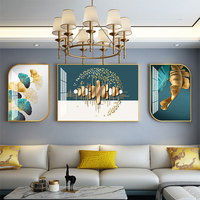 Salon moderne de luxe, triple peinture murale suspendue Art mural de fond avec sens avancé et cadre doré