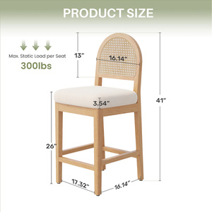 Commercial Modern Outdoor Rattan <b>Back</b> Counter Height Bar <b>Stools</b> Natural Wood Frame Chenille Upholstered Cafe Bistro Tavern - Product Image 6