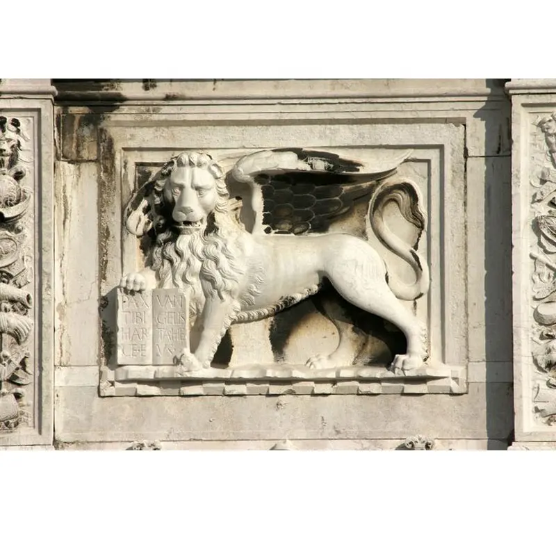 Hand Carved White Marble Winged Lion Relief Sculpture Venetian Lion Large Decorative Stone Wall Plaque