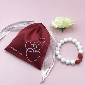 Custom Logo Jewelry Pouch Silk Hair Red Bag Wig Extensions Packaging Dust Beauty Cosmetic Satin Drawstring Bag For Hair