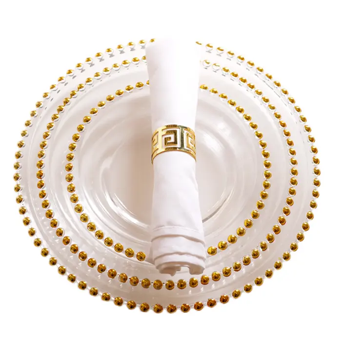 2023 high quality clear glass beaded charger plate with gold silver rim for wedding decoration