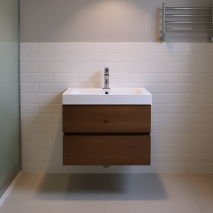 Meuble-lavabo mural moderne en noyer de 24 pouces avec vasque en céramique et grand rangement, design rectangulaire pré-assemblé - Product Image 2