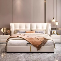 Lit Queen Moderne Crème avec Rangement, Cadre en Pin Massif, Couleur Personnalisable, Style Mariage Luxe, Revêtement en Cuir