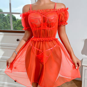 性感透明网纱睡衣内衣套装 3 件套 刺绣钢托文胸内裤 露肩荷叶边短袖睡裙 - Product Image 2