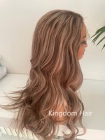Cabello Virgen Remy Europeo de Alta Calidad Kingdom, Ondulado Natural Largo, Rubio Ceniza con Base Marrón, Encaje Frontal para Línea de Cabello Natural HD