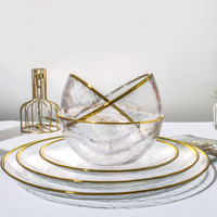 Ensemble de bols en verre à bord doré créatif pour la maison salade de fruits transparente bol de riz assiette à steak de restaurant
