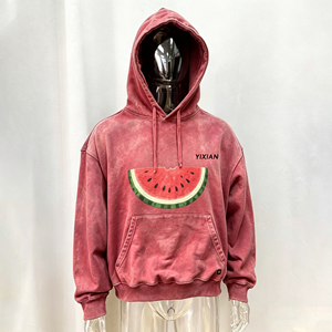 <span class=keywords><strong>Felpa</strong></span> con Cappuccio Retro con Stampa Frutta da Uomo, Rossa Effetto Stone Wash, Grafica Anguria sul Petto, Logo Piccolo, Oversize, Stile Streetwear - Product Image 1