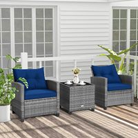 HAPPYGRILL Ensemble de conversation d'extérieur durable 2 pièces en rotin PE, canapé en rotin PE, chaises en osier PE, table d'appoint en verre trempé, coussins amovibles